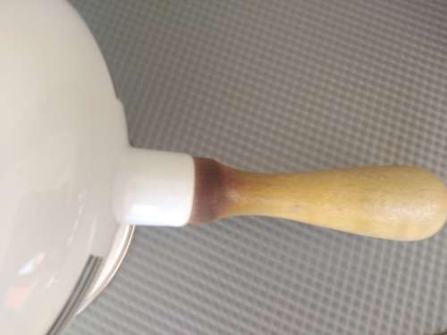 Vintage!  Wood Handle Enamel Fondue Pot.