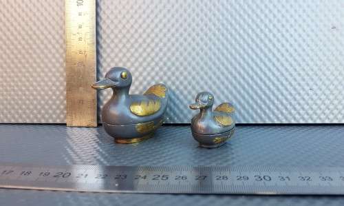 Vintage!  Pewter Metal With Brass Trinket Boxes - Mom & Duckling.