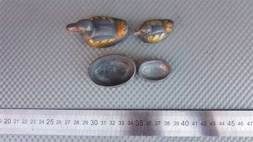 Vintage!  Pewter Metal With Brass Trinket Boxes - Mom & Duckling.