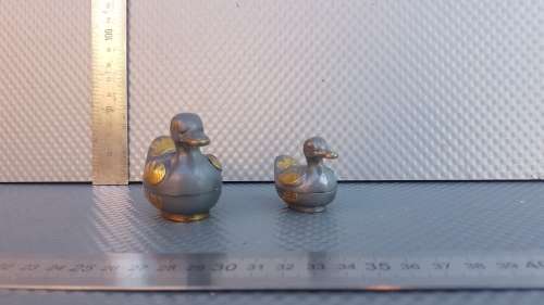 Vintage!  Pewter Metal With Brass Trinket Boxes - Mom & Duckling.