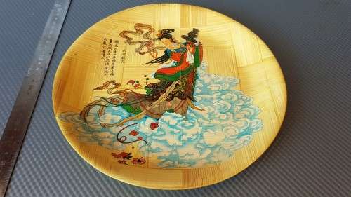 Vintage! Chinese - Bamboo Woven Plate - Legend: Flowers Scattered By The Goddess.