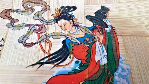 Vintage! Chinese - Bamboo Woven Plate - Legend: Flowers Scattered By The Goddess.