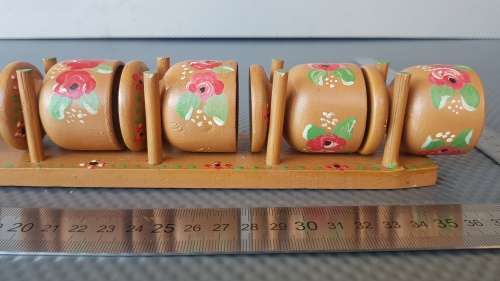 Vintage! Hand Painted - Folk Art - Treenware -  Wooden Egg Cup Set With Timer