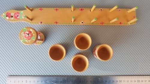 Vintage! Hand Painted - Folk Art - Treenware -  Wooden Egg Cup Set With Timer