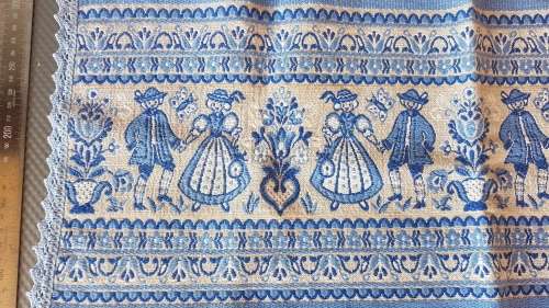Vintage! - Austria Germany - Tapestry Table Runner - Artisan Folk Art Blue Design Fabric