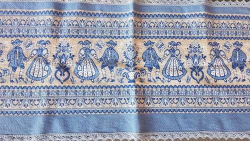 Vintage! - Austria Germany - Tapestry Table Runner - Artisan Folk Art Blue Design Fabric