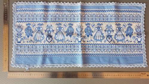Vintage! - Austria Germany - Tapestry Table Runner - Artisan Folk Art Blue Design Fabric