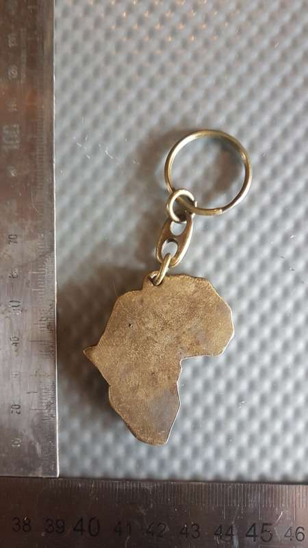 Vintage! Bronze Map Of Africa Keychain With Embossed Elephant & Tribal Woman.