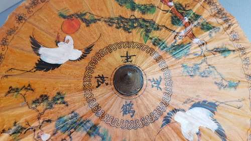 Vintage! Oriental Hand Painted Bamboo & Rice Paper Parasol