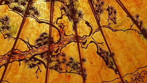 Vintage! Oriental Hand Painted Bamboo & Rice Paper Parasol