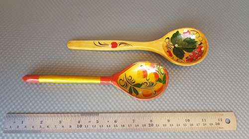 Vintage! Russian - Khokhloma Lacquered - Pair Of Spoons