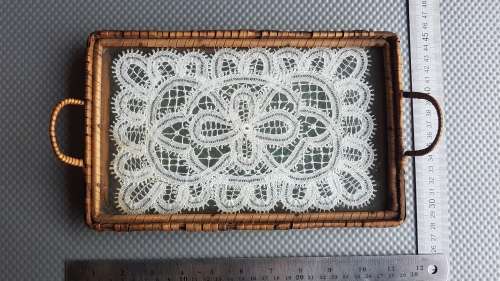 Vintage!  Wicker Serving Tray With Glass suspended Lace base.