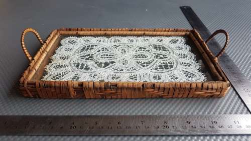 Vintage!  Wicker Serving Tray With Glass suspended Lace base.
