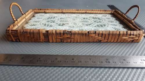 Vintage!  Wicker Serving Tray With Glass suspended Lace base.