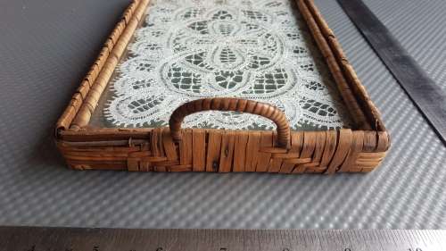 Vintage!  Wicker Serving Tray With Glass suspended Lace base.