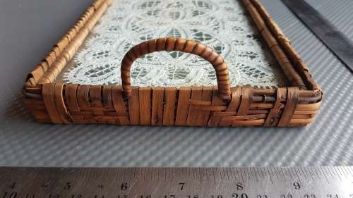 Vintage!  Wicker Serving Tray With Glass suspended Lace base.