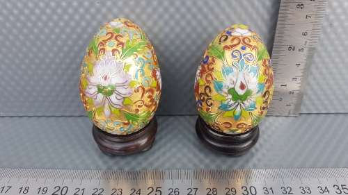 Vintage! Chinese Pair Of Cloisonné Enamel Eggs - Lotus Flower