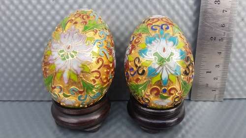 Vintage! Chinese Pair Of Cloisonné Enamel Eggs - Lotus Flower