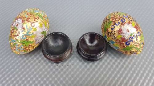 Vintage! Chinese Pair Of Cloisonné Enamel Eggs - Lotus Flower