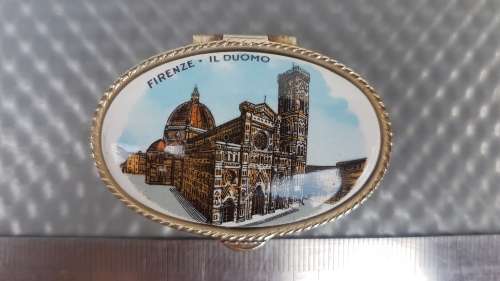 Vintage! Italy - Firenze  IL Duomo - Silver Metal - Oval hinged - Porcelain - Trinket / Pill Box