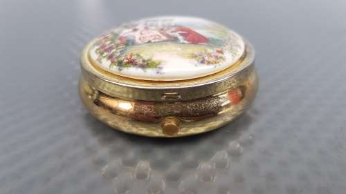 Vintage! Japan - Victorian - Round Hinged - Porcelain - Divided Pill Box