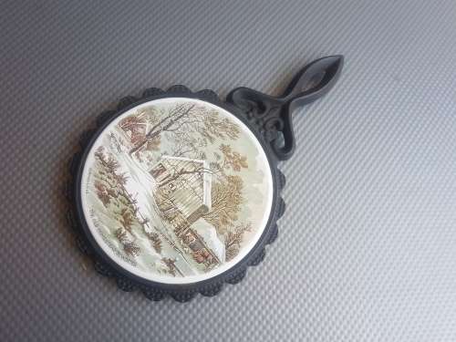 Vintage! Currier & Ives Cast Iron And Ceramic Trivets.
