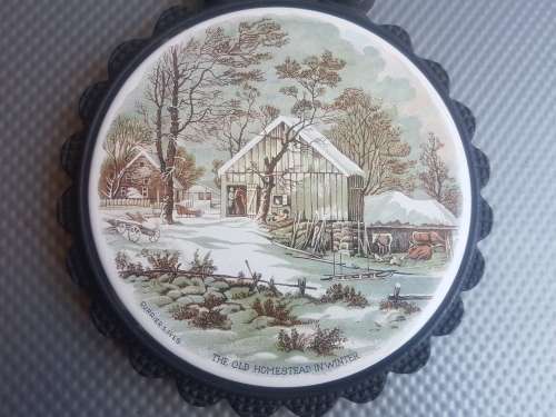 Vintage! Currier & Ives Cast Iron And Ceramic Trivets.
