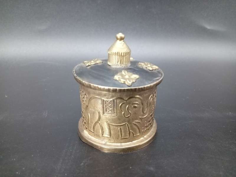 Vintage! Brass and Horn - Lidded Trinket / Tobacco Jar- Embossed Elephant design