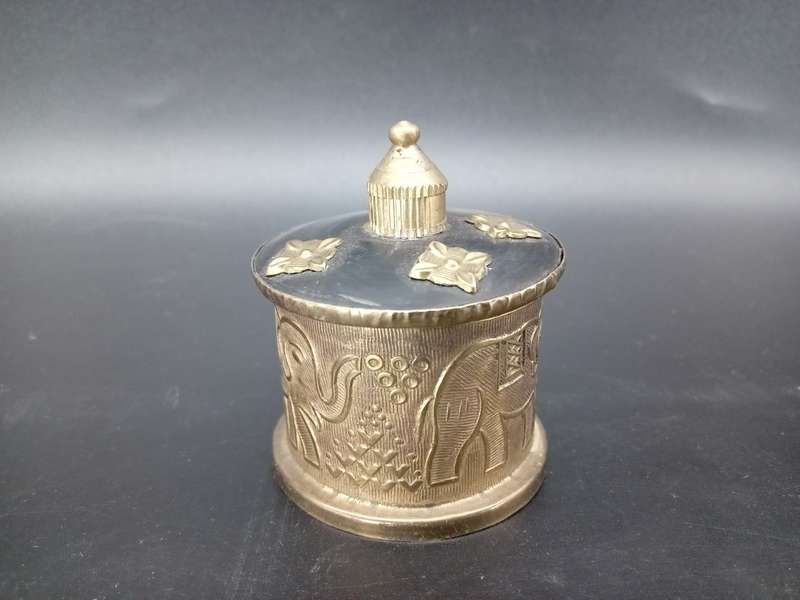 Vintage! Brass and Horn - Lidded Trinket / Tobacco Jar- Embossed Elephant design