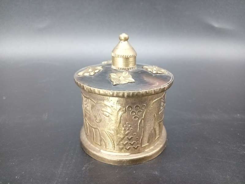 Vintage! Brass and Horn - Lidded Trinket / Tobacco Jar- Embossed Elephant design