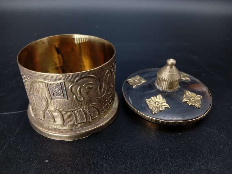 Vintage! Brass and Horn - Lidded Trinket / Tobacco Jar- Embossed Elephant design