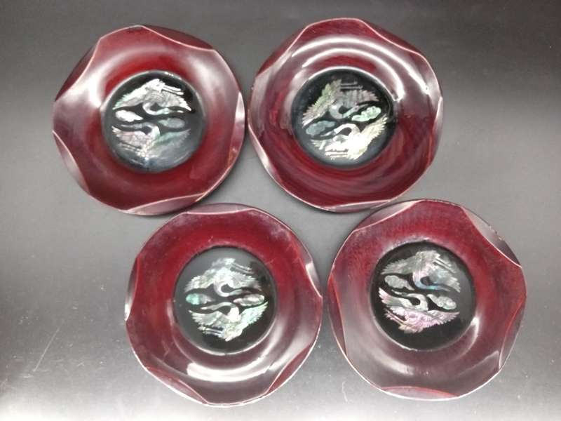 Vintage! Fine Korean - Lacquer ware - Wood Mother of Pearl inlay - Crane - Set of 4 coasters