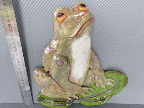 CRAZY R1 - Glazed Pottery Frog on Lilly pad - Wall Hanging