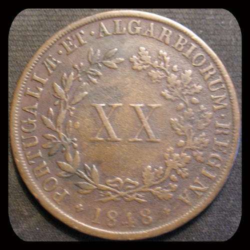1848 XX Copper 20 Reis Maria Del Gratia II Portugal
