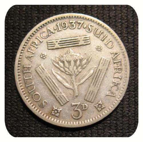 - 1937 3d. Three Pence South African Tickey Coin - King George VI -