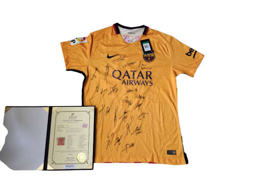 Autographed By Barcelona Full FirstTeam Squad w/Messi Neymar 2015 Away Jersey SignedWith Certificate