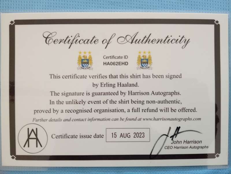 Autographed Manchester City 2023-2023 Home Jersey Hand Signed By Erling Haaland With COA