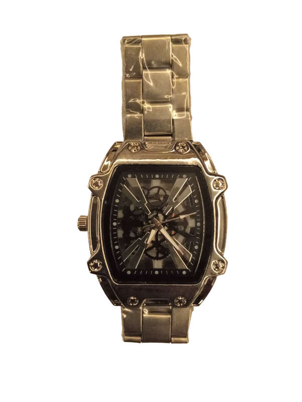 Stylish Mens Analogue Watch - Black Face With Steel Band -Rectangle Face