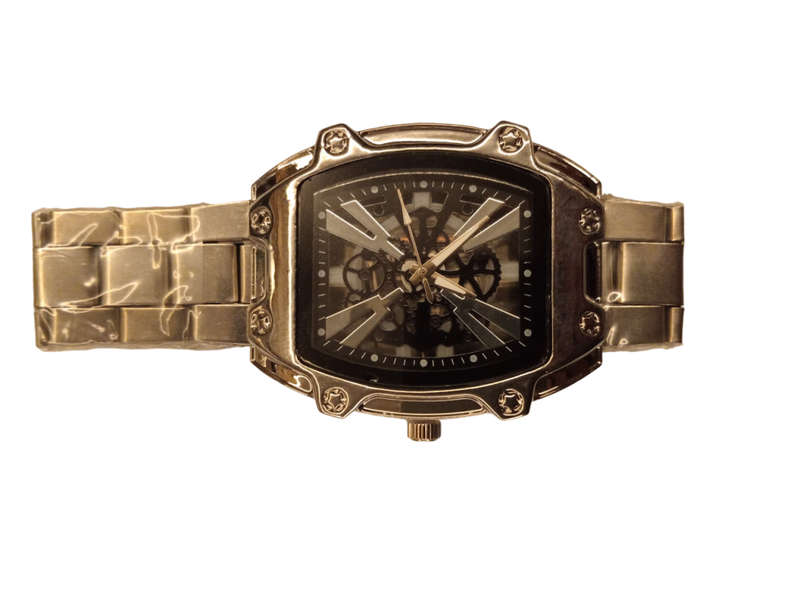 Stylish Mens Analogue Watch - Black Face With Steel Band -Rectangle Face