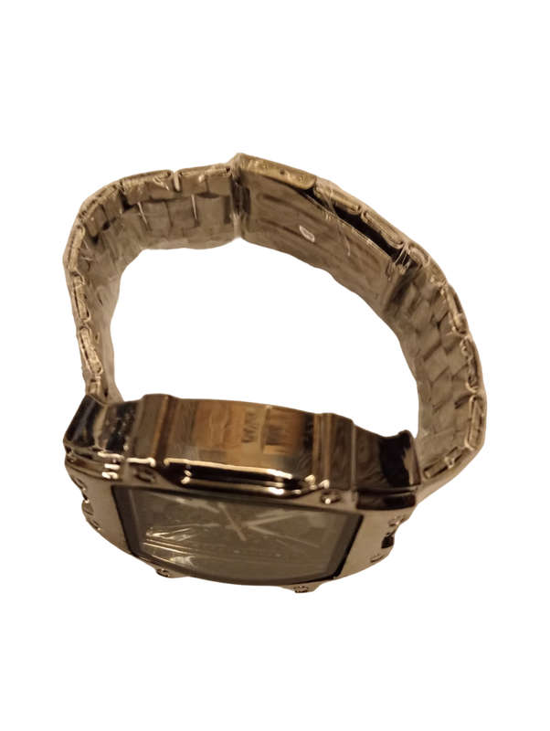 Stylish Mens Analogue Watch - Black Face With Steel Band -Rectangle Face