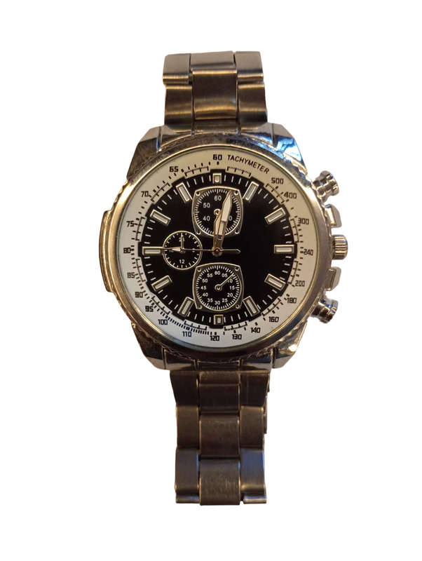 Stylish Mens Analogue Watch Stunning Mixed Colour Black and White Large Face Design With Tachymeter
