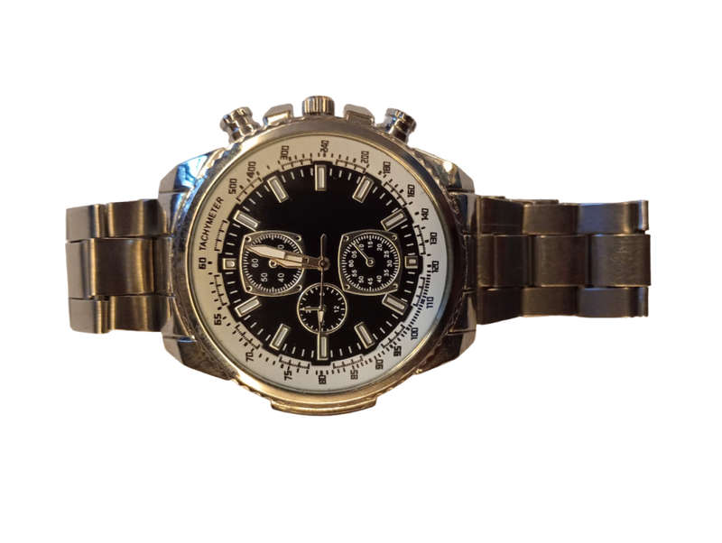 Stylish Mens Analogue Watch Stunning Mixed Colour Black and White Large Face Design With Tachymeter