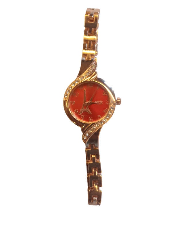 Analogue Watch Bracelet For Women -Red  Face With Eiffel Tower Emblem With Steel Bracelet Band