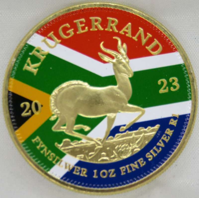 Start @R1 - South Africa: Silver Krugerrand Colourized `South African Flag` of 2023 24k Gold Finish