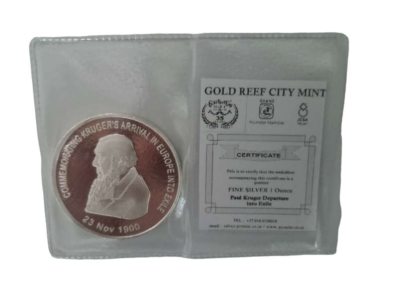 One Ounce Fine Silver Medallion Coin Commemorating Paul Kruger Departure into Exile