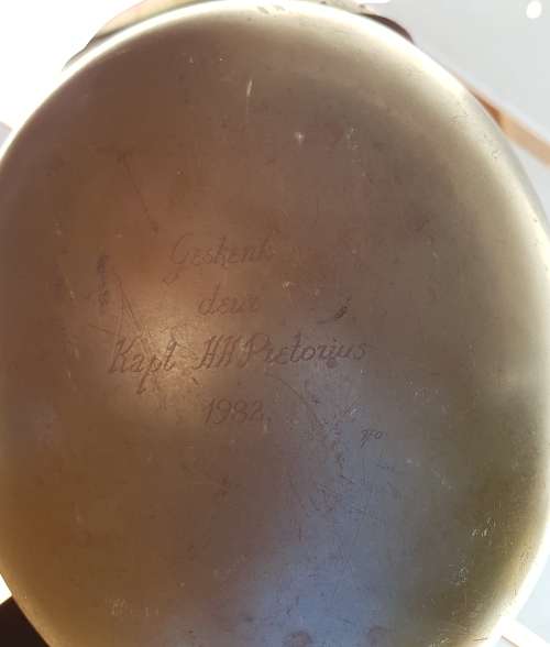 South African Police Green Helmet 1960s-Inscription Kapt H.H. Pretorius