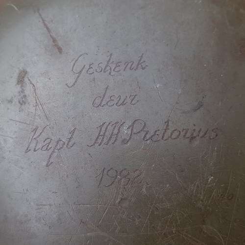 South African Police Green Helmet 1960s-Inscription Kapt H.H. Pretorius
