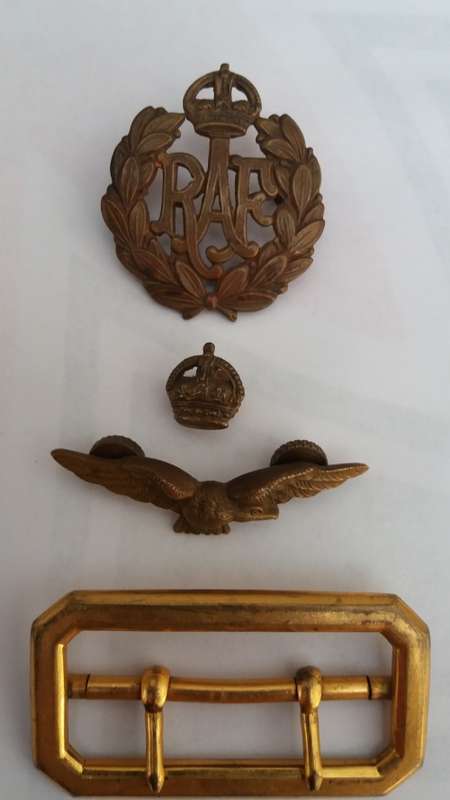 British WW2 RAF Officers Cap Badge also Officers Side Cap Badge,3 screws KC Crown and Belt Buckle