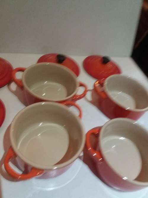 Le Creuset Set of 4 Stoneware Cocottes- Flame Colour-As new near mint