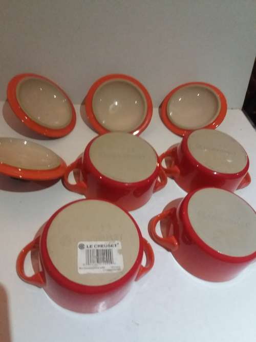 Le Creuset Set of 4 Stoneware Cocottes- Flame Colour-As new near mint